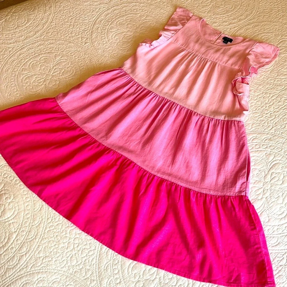 J. Crew Linen Dress Pink Tiered Ruffle Sleeveless Womens 4 Pockets Flowy Cottage